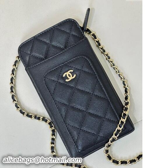 Top Design Chanel Grained Calfskin Phone Holder with Chain AP0990 Black/Gold 2024