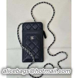 Top Design Chanel Grained Calfskin Phone Holder with Chain AP0990 Black/Silver 2024