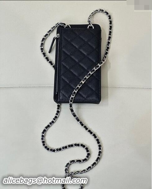 Top Design Chanel Grained Calfskin Phone Holder with Chain AP0990 Black/Silver 2024