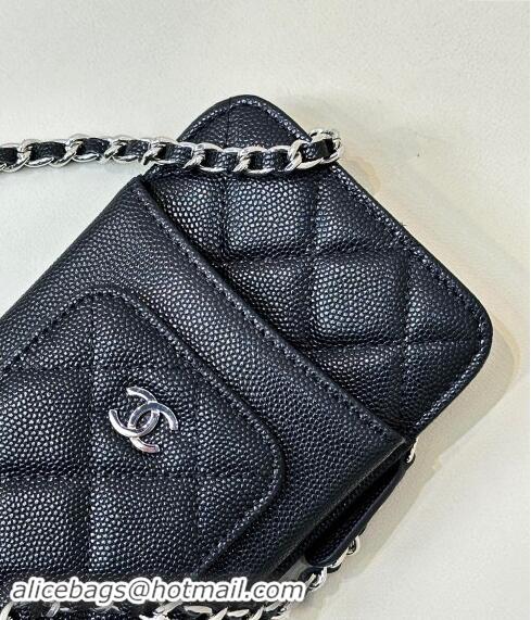 Top Design Chanel Grained Calfskin Phone Holder with Chain AP0990 Black/Silver 2024