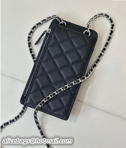 Top Design Chanel Grained Calfskin Phone Holder with Chain AP0990 Black/Silver 2024