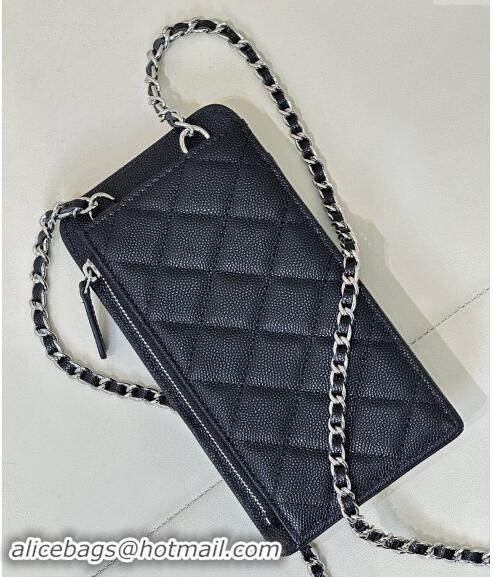 Top Design Chanel Grained Calfskin Phone Holder with Chain AP0990 Black/Silver 2024