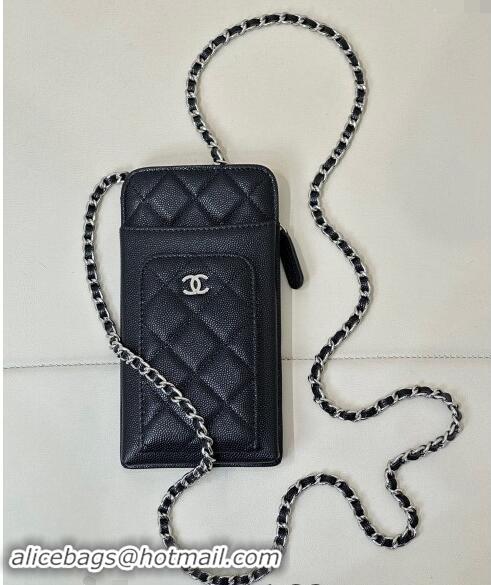 Top Design Chanel Grained Calfskin Phone Holder with Chain AP0990 Black/Silver 2024