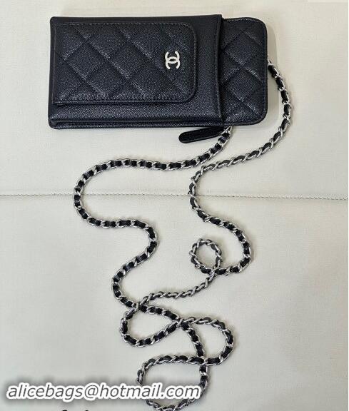 Top Design Chanel Grained Calfskin Phone Holder with Chain AP0990 Black/Silver 2024