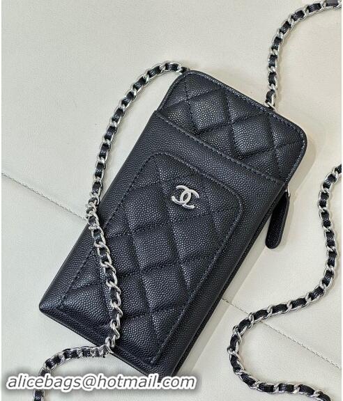 Top Design Chanel Grained Calfskin Phone Holder with Chain AP0990 Black/Silver 2024