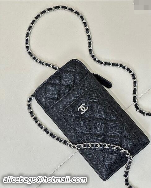 Top Design Chanel Grained Calfskin Phone Holder with Chain AP0990 Black/Silver 2024