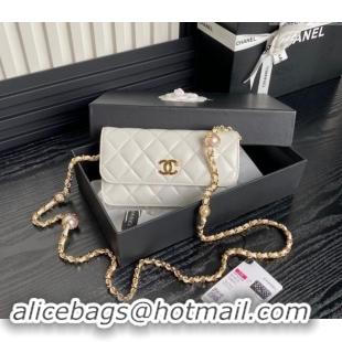 Top Quality Chanel Shiny Lambskin Flap Phone Holder with Chain and Pearls AP4284 White 2024