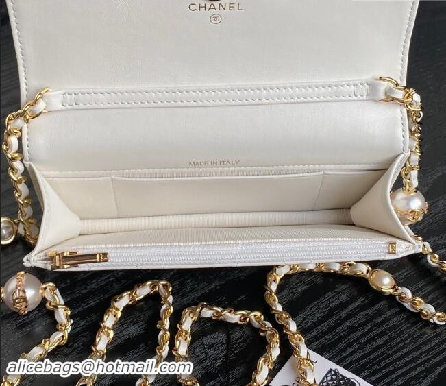 Top Quality Chanel Shiny Lambskin Flap Phone Holder with Chain and Pearls AP4284 White 2024