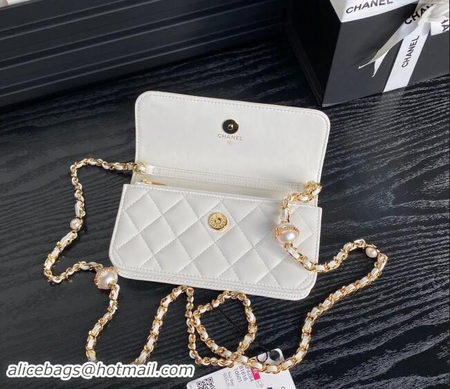 Top Quality Chanel Shiny Lambskin Flap Phone Holder with Chain and Pearls AP4284 White 2024