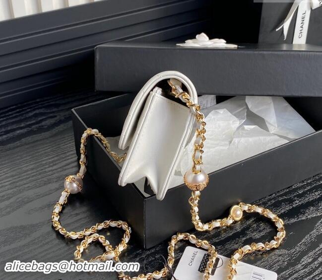 Top Quality Chanel Shiny Lambskin Flap Phone Holder with Chain and Pearls AP4284 White 2024