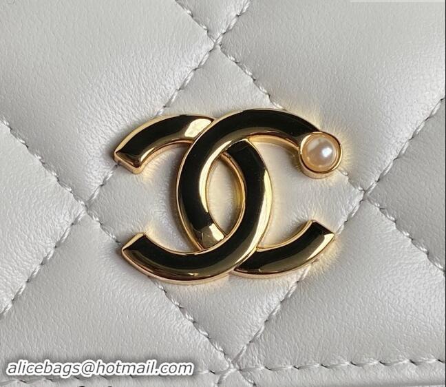 Top Quality Chanel Shiny Lambskin Flap Phone Holder with Chain and Pearls AP4284 White 2024