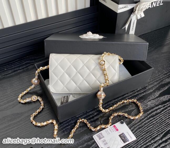 Top Quality Chanel Shiny Lambskin Flap Phone Holder with Chain and Pearls AP4284 White 2024