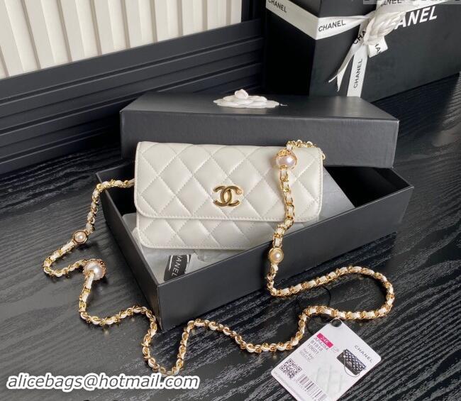 Top Quality Chanel Shiny Lambskin Flap Phone Holder with Chain and Pearls AP4284 White 2024