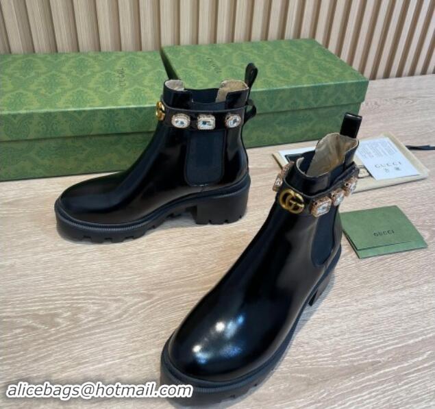 Perfect Gucci Black Leather Ankle Boots with Strass Band 0906012