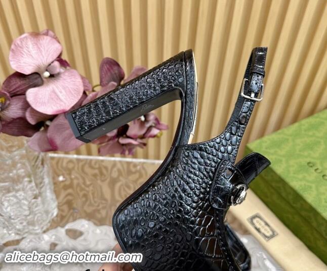 Buy Luxury Gucci Horsebit Platform High Heel Slingback Pumps 13.5cm in Stone Embossed Leather Black 0814059