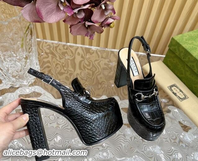 Buy Luxury Gucci Horsebit Platform High Heel Slingback Pumps 13.5cm in Stone Embossed Leather Black 0814059