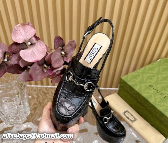 Buy Luxury Gucci Horsebit Platform High Heel Slingback Pumps 13.5cm in Stone Embossed Leather Black 0814059