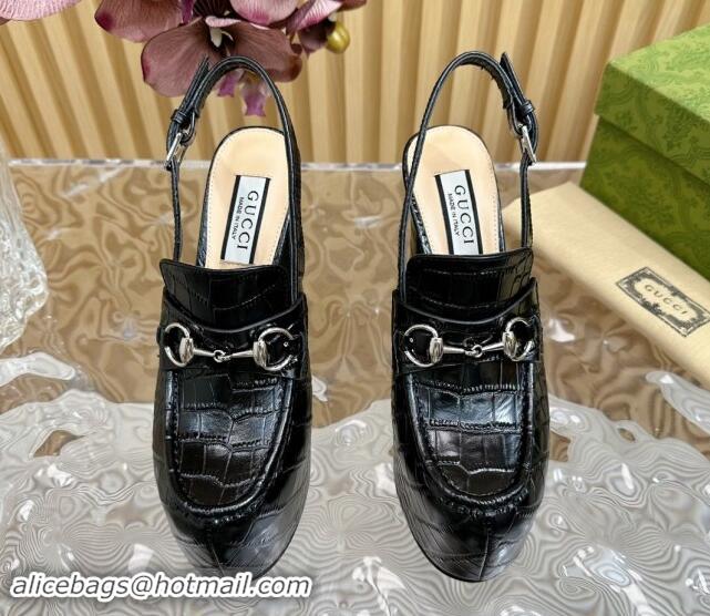 Buy Luxury Gucci Horsebit Platform High Heel Slingback Pumps 13.5cm in Stone Embossed Leather Black 0814059