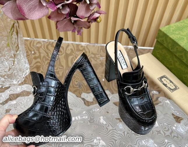 Buy Luxury Gucci Horsebit Platform High Heel Slingback Pumps 13.5cm in Stone Embossed Leather Black 0814059