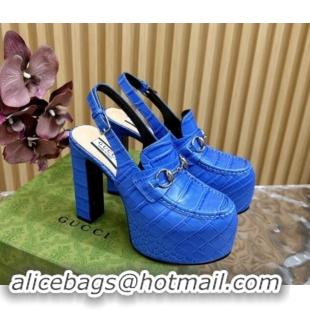 Grade Quality Gucci Horsebit Platform High Heel Slingback Pumps 13.5cm in Stone Embossed Leather Blue 0814060