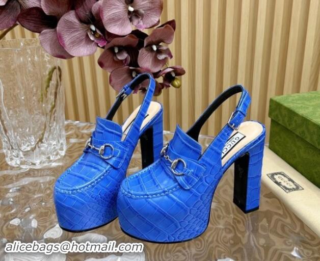 Grade Quality Gucci Horsebit Platform High Heel Slingback Pumps 13.5cm in Stone Embossed Leather Blue 0814060