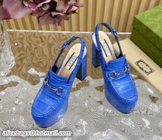 Grade Quality Gucci Horsebit Platform High Heel Slingback Pumps 13.5cm in Stone Embossed Leather Blue 0814060