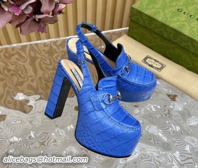 Grade Quality Gucci Horsebit Platform High Heel Slingback Pumps 13.5cm in Stone Embossed Leather Blue 0814060