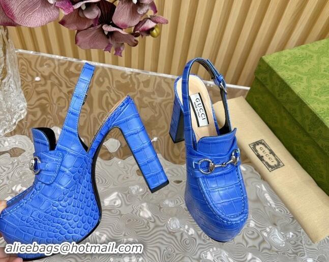 Grade Quality Gucci Horsebit Platform High Heel Slingback Pumps 13.5cm in Stone Embossed Leather Blue 0814060