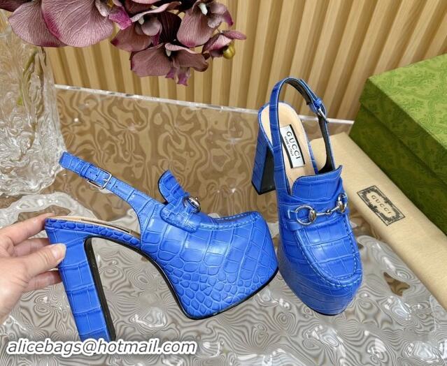 Grade Quality Gucci Horsebit Platform High Heel Slingback Pumps 13.5cm in Stone Embossed Leather Blue 0814060