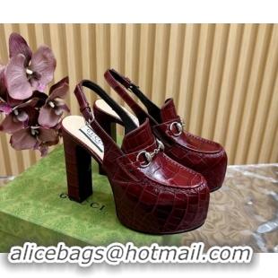 Popular Style Gucci Horsebit Platform High Heel Slingback Pumps 13.5cm in Stone Embossed Leather Dark Burgundy 0814061