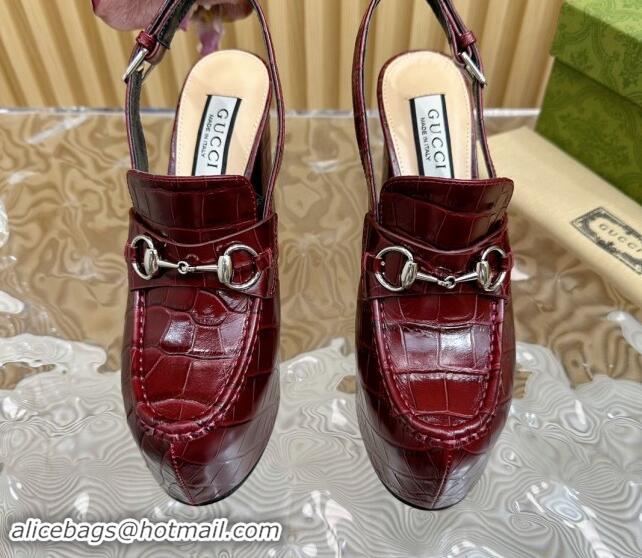 Popular Style Gucci Horsebit Platform High Heel Slingback Pumps 13.5cm in Stone Embossed Leather Dark Burgundy 0814061