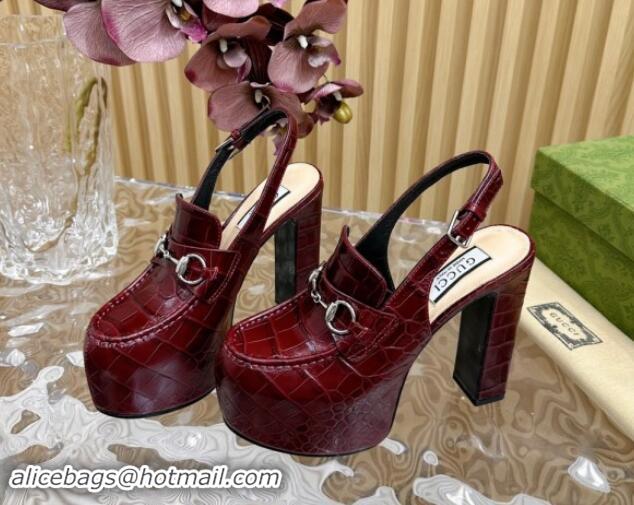 Popular Style Gucci Horsebit Platform High Heel Slingback Pumps 13.5cm in Stone Embossed Leather Dark Burgundy 0814061