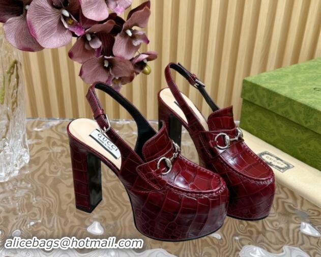 Popular Style Gucci Horsebit Platform High Heel Slingback Pumps 13.5cm in Stone Embossed Leather Dark Burgundy 0814061