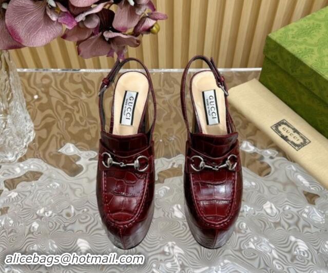 Popular Style Gucci Horsebit Platform High Heel Slingback Pumps 13.5cm in Stone Embossed Leather Dark Burgundy 0814061