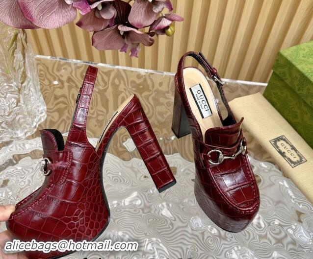 Popular Style Gucci Horsebit Platform High Heel Slingback Pumps 13.5cm in Stone Embossed Leather Dark Burgundy 0814061