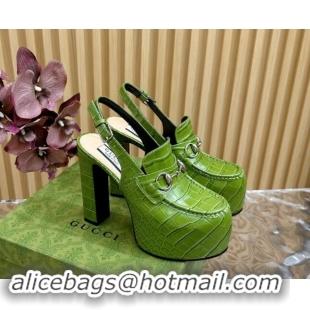 Good Quality Gucci Horsebit Platform High Heel Slingback Pumps 13.5cm in Stone Embossed Leather Green 0814062