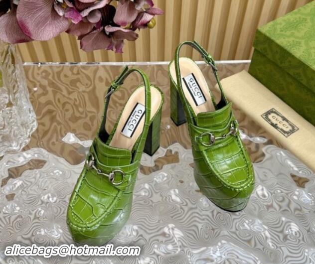 Good Quality Gucci Horsebit Platform High Heel Slingback Pumps 13.5cm in Stone Embossed Leather Green 0814062