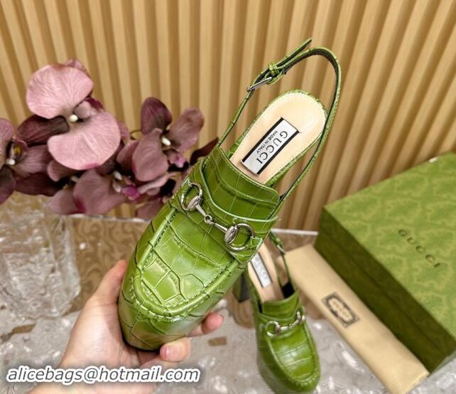 Good Quality Gucci Horsebit Platform High Heel Slingback Pumps 13.5cm in Stone Embossed Leather Green 0814062