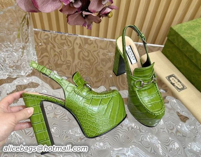 Good Quality Gucci Horsebit Platform High Heel Slingback Pumps 13.5cm in Stone Embossed Leather Green 0814062