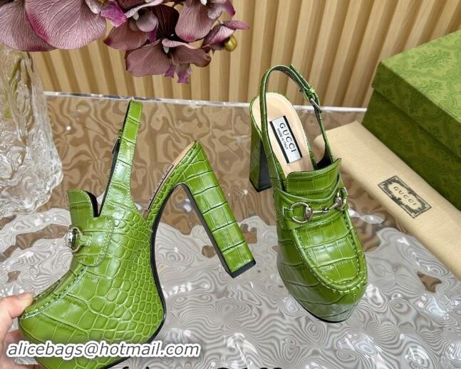 Good Quality Gucci Horsebit Platform High Heel Slingback Pumps 13.5cm in Stone Embossed Leather Green 0814062