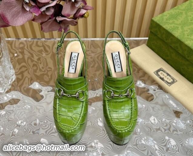 Good Quality Gucci Horsebit Platform High Heel Slingback Pumps 13.5cm in Stone Embossed Leather Green 0814062