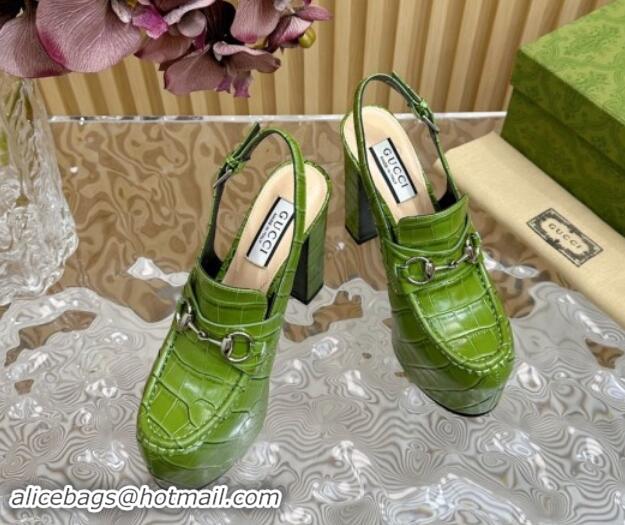 Good Quality Gucci Horsebit Platform High Heel Slingback Pumps 13.5cm in Stone Embossed Leather Green 0814062