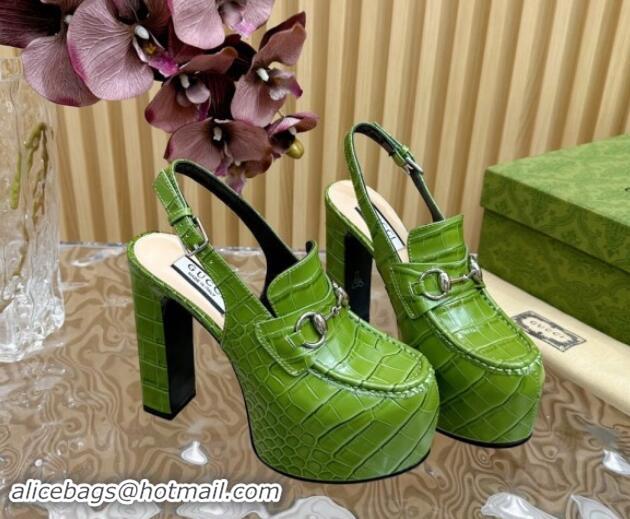 Good Quality Gucci Horsebit Platform High Heel Slingback Pumps 13.5cm in Stone Embossed Leather Green 0814062