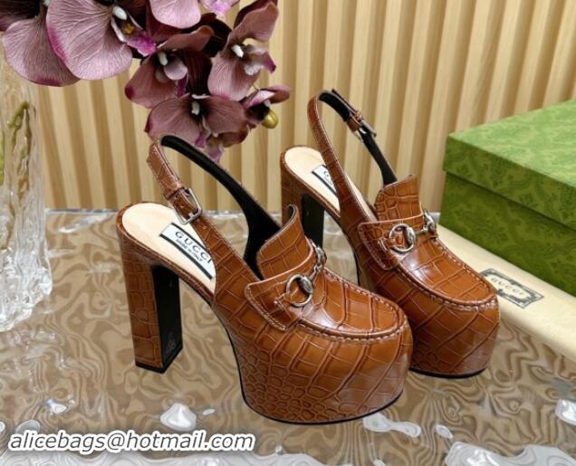 Pretty Style Gucci Horsebit Platform High Heel Slingback Pumps 13.5cm in Stone Embossed Leather Brown 0814063