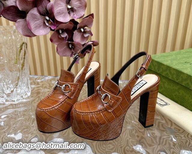 Pretty Style Gucci Horsebit Platform High Heel Slingback Pumps 13.5cm in Stone Embossed Leather Brown 0814063