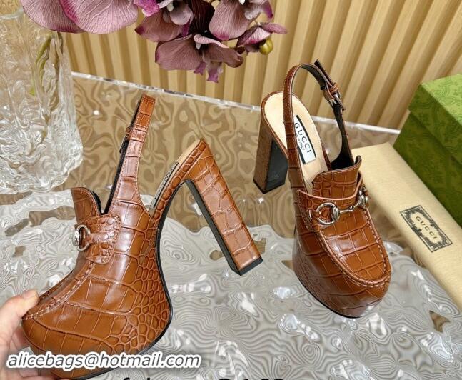 Pretty Style Gucci Horsebit Platform High Heel Slingback Pumps 13.5cm in Stone Embossed Leather Brown 0814063