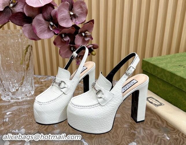 Low Price Gucci Horsebit Platform High Heel Slingback Pumps 13.5cm in Stone Embossed Leather White 0814065