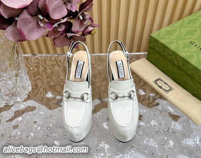 Low Price Gucci Horsebit Platform High Heel Slingback Pumps 13.5cm in Stone Embossed Leather White 0814065