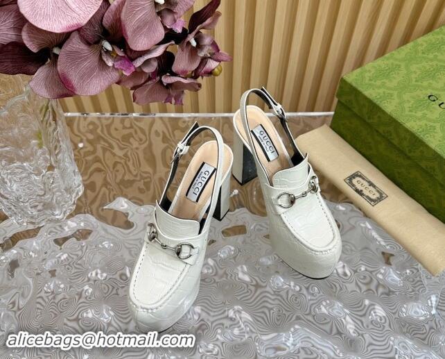 Low Price Gucci Horsebit Platform High Heel Slingback Pumps 13.5cm in Stone Embossed Leather White 0814065