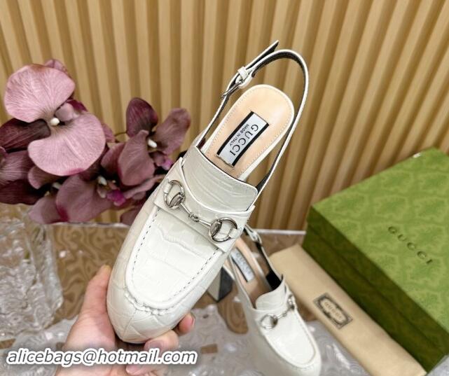 Low Price Gucci Horsebit Platform High Heel Slingback Pumps 13.5cm in Stone Embossed Leather White 0814065